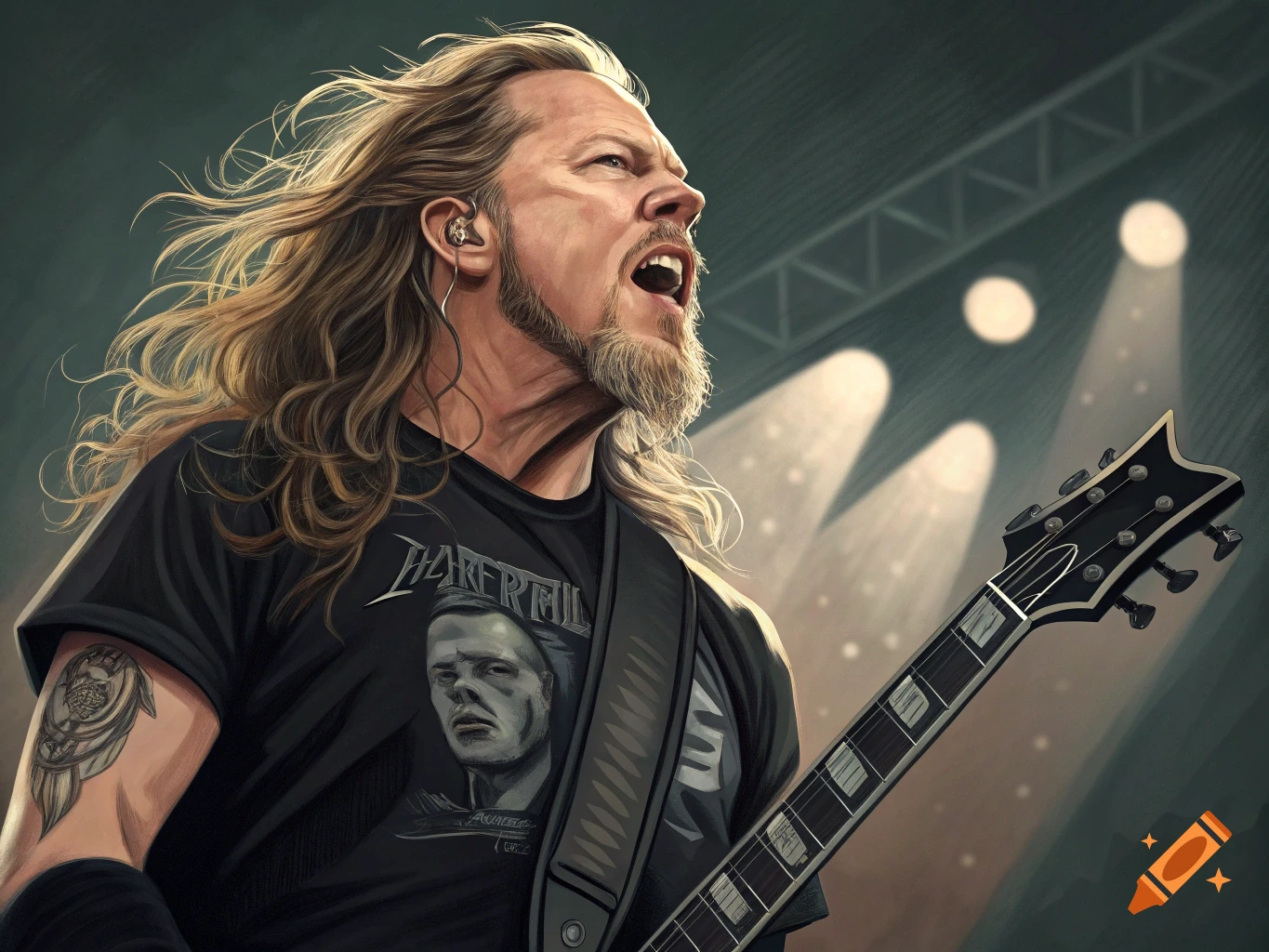 Illustration of a musician with long blonde hair and beard, playing a black guitar on stage.