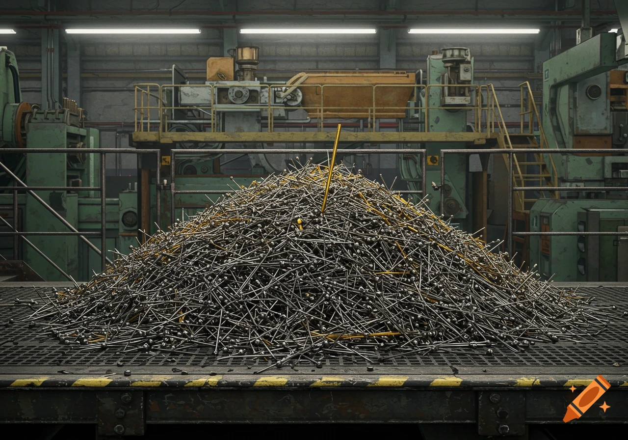 A large pile of metal pins and needles sits on a grate in a factory setting.