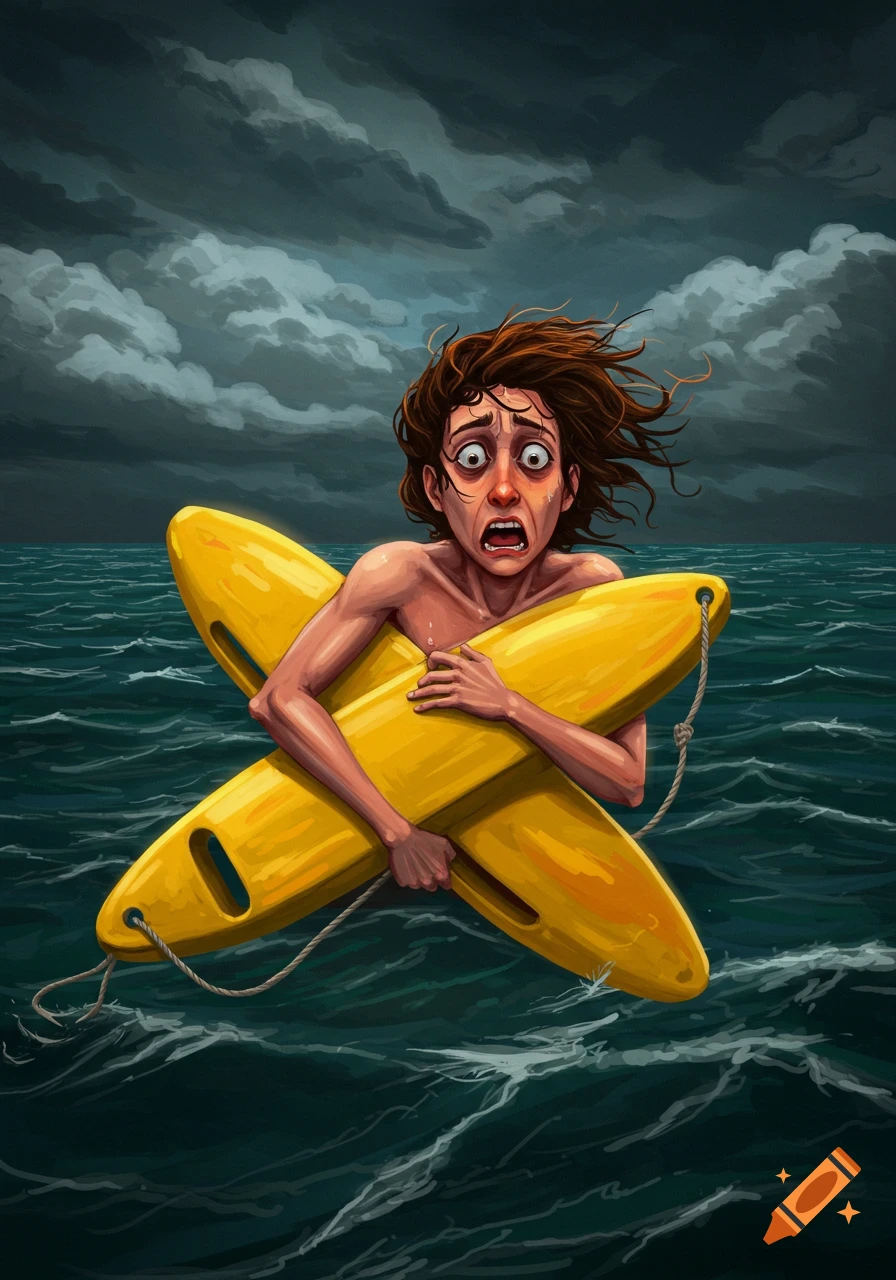 Illustration of a scared person clinging to a yellow flotation device in rough sea under a dark, stormy sky.