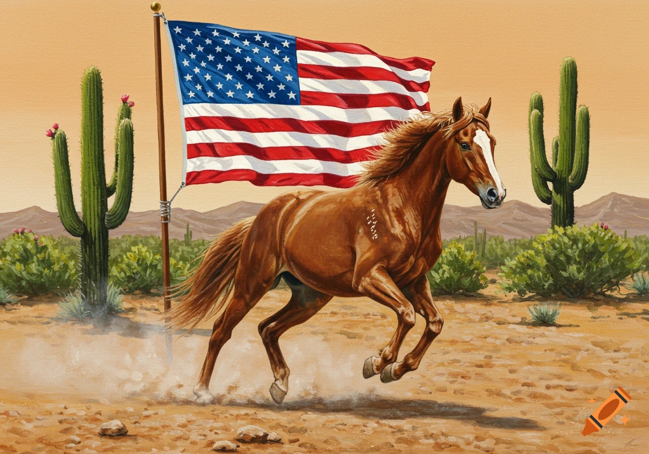 Oil painting of a brown mustang galloping through a desert landscape beneath a large American flag.