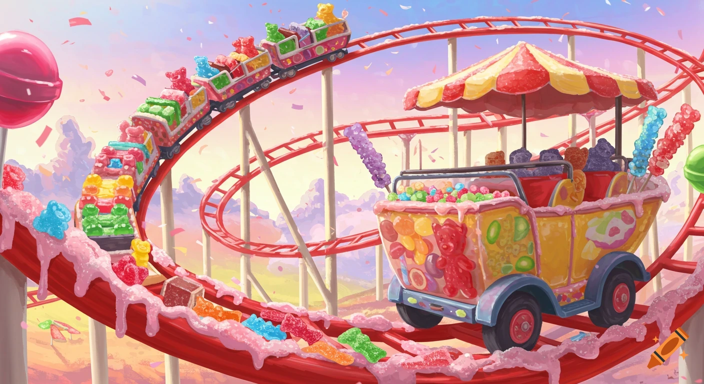 Candy Inspired Rides A vibrant illustration of a candy-themed rollercoaster with gummy bear ...