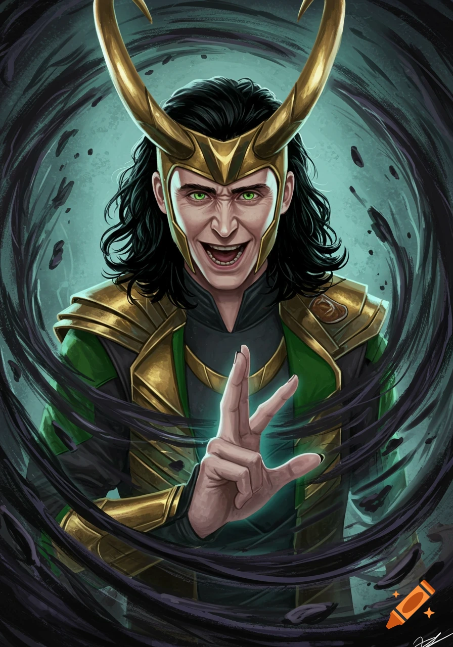 Illustration of Loki with horns and green eyes, in armor, holding up three fingers