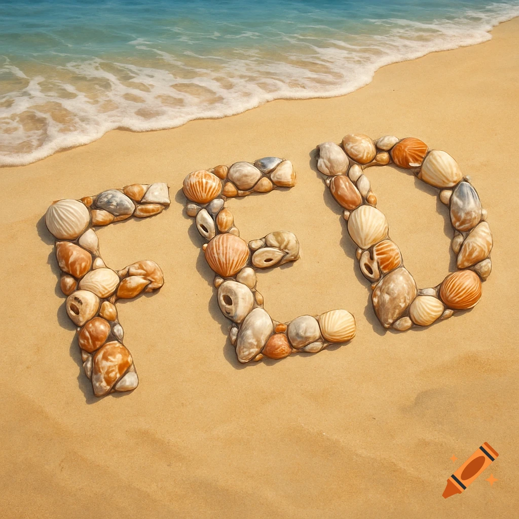 The word FED spelled out in seashells on a sandy beach with waves in the background.