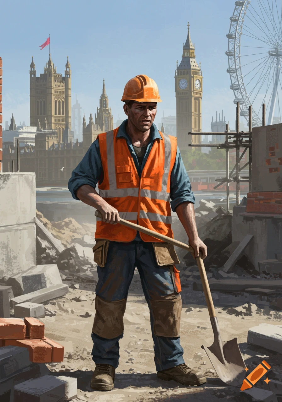 A construction worker holding a shovel stands amidst debris, with the Houses of Parliament and London Eye in the background in a painterly style.