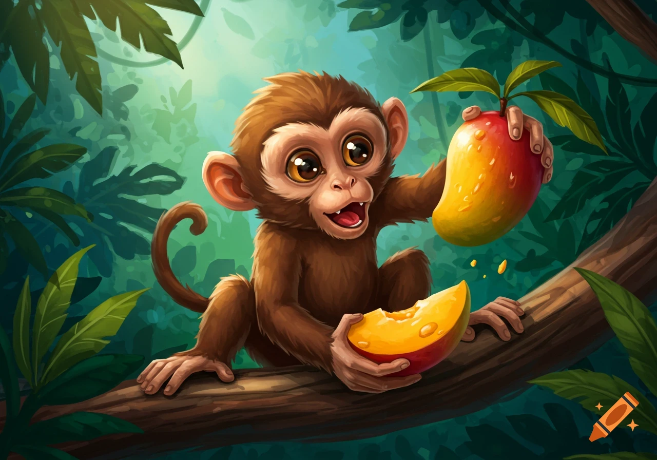 A cute cartoon monkey sits on a branch in a jungle, holding and eating a mango.