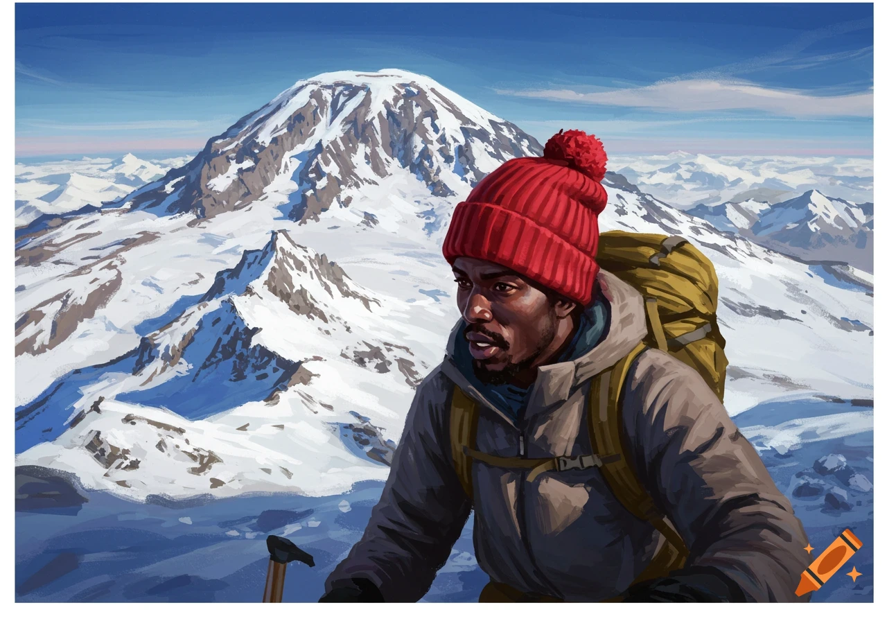 Digital painting of a man in a red hat climbing a snowy mountain range.
