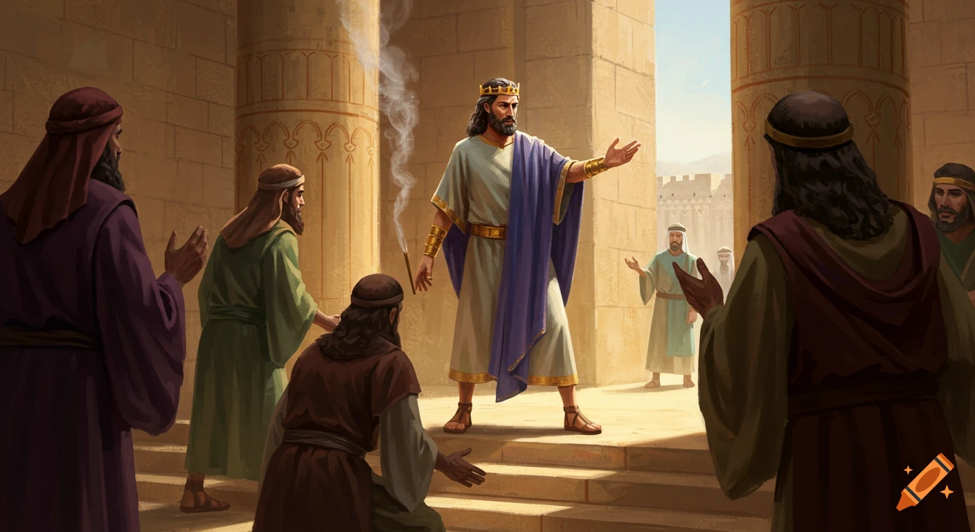 A king in a crown and royal robes gestures to men in ancient attire gathered in a grand building with pillars.