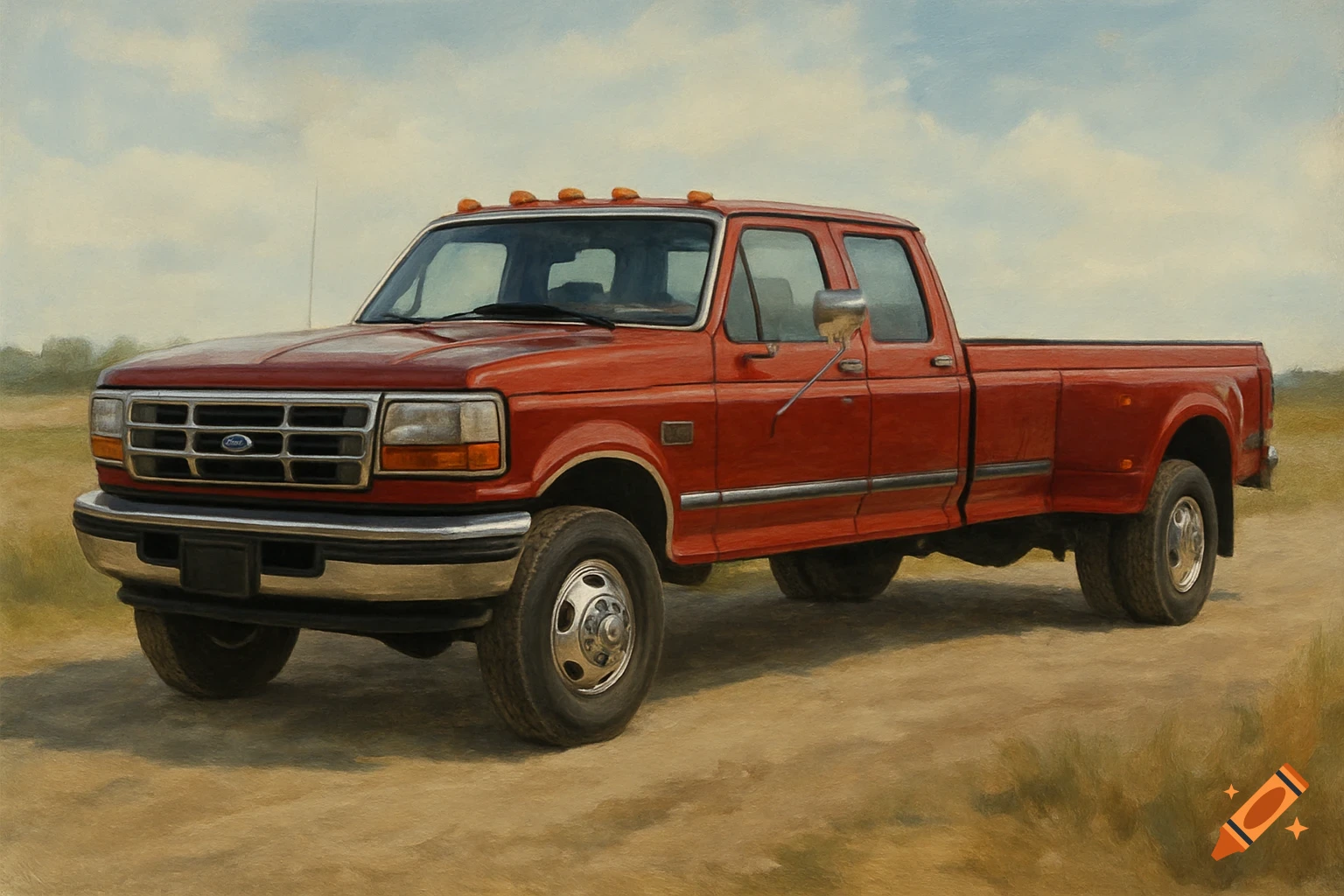 A red Ford F-350 truck is parked on a dirt road in a field, painted in an impressionistic style.