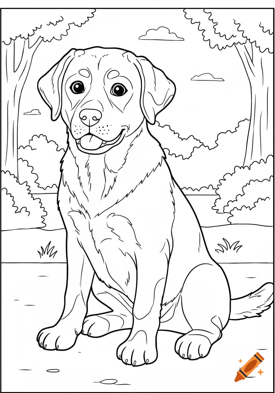 Line drawing of a Labrador retriever sitting in a forest background, ready for coloring.