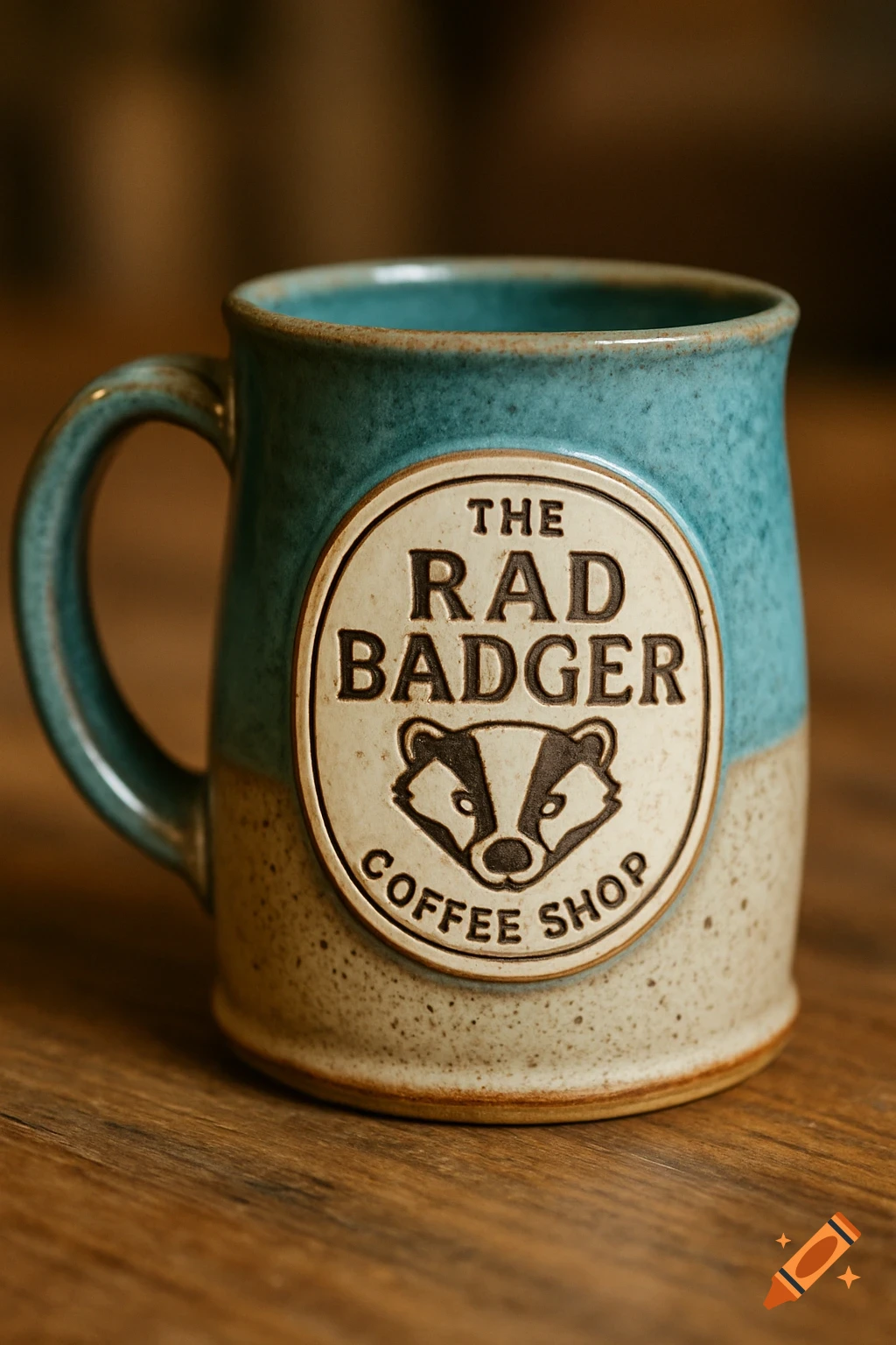 A handmade ceramic mug with the logo for 'The Rad Badger Coffee Shop' on a wooden table.