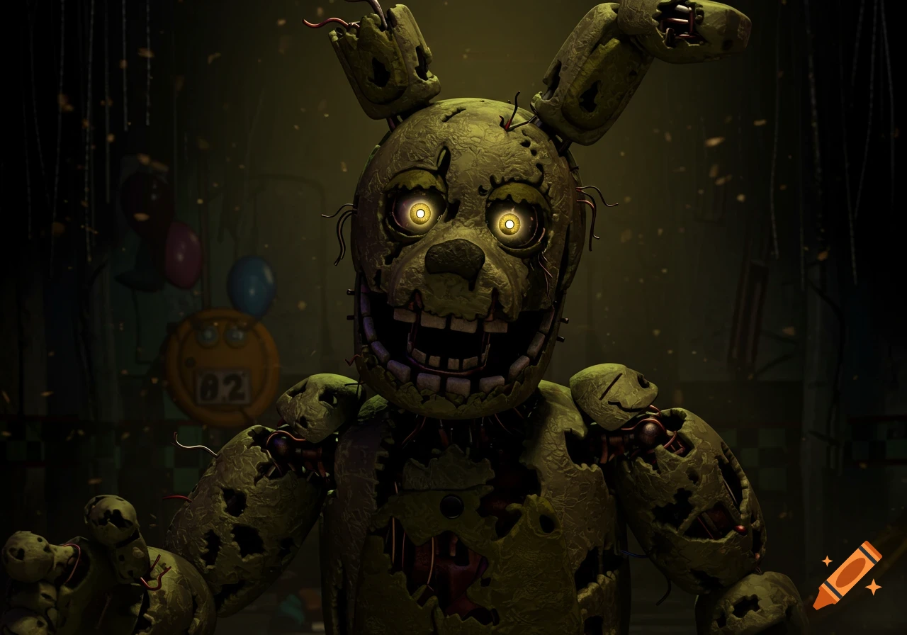 Springtrap, a damaged animatronic rabbit, stands in a dark room with balloons and a number 82 in the background.