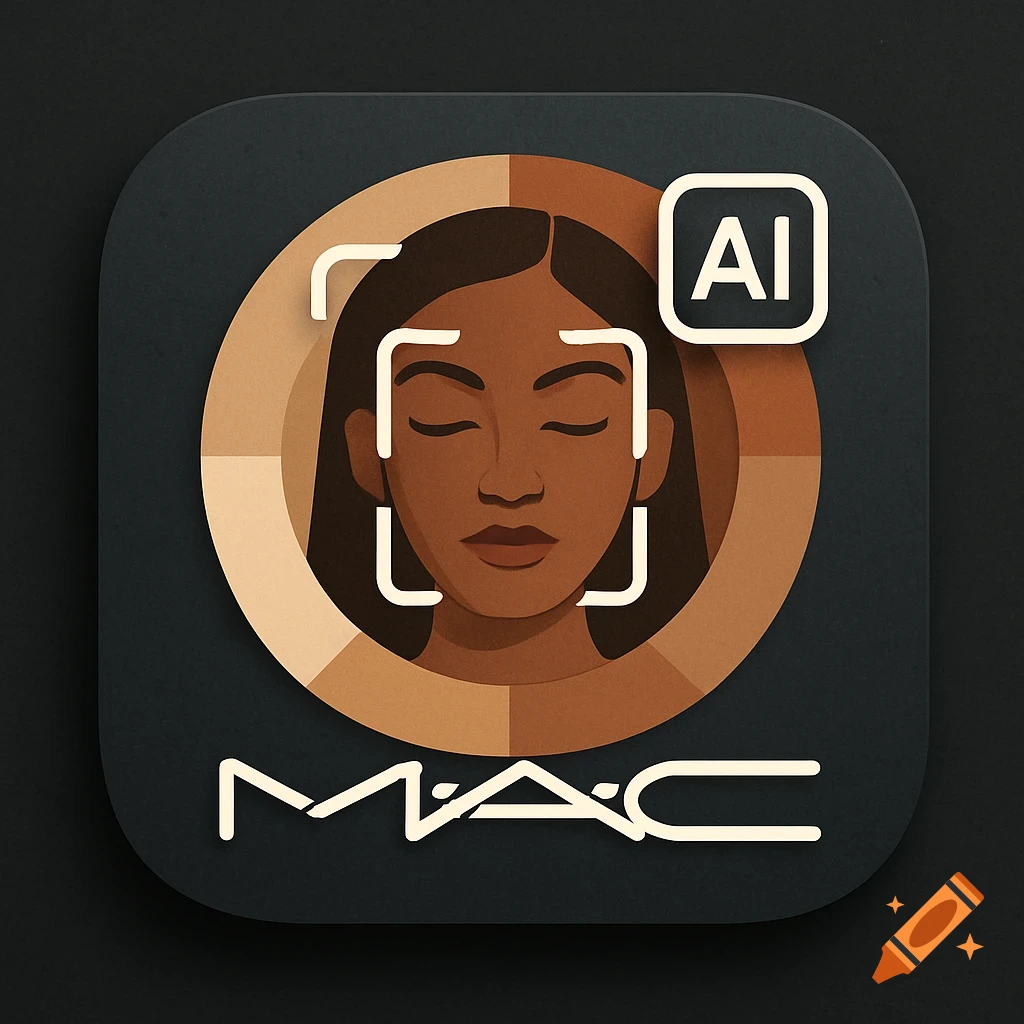 App icon for MAC cosmetics featuring a face within a skin tone gradient, facial recognition frame, and "AI" text.