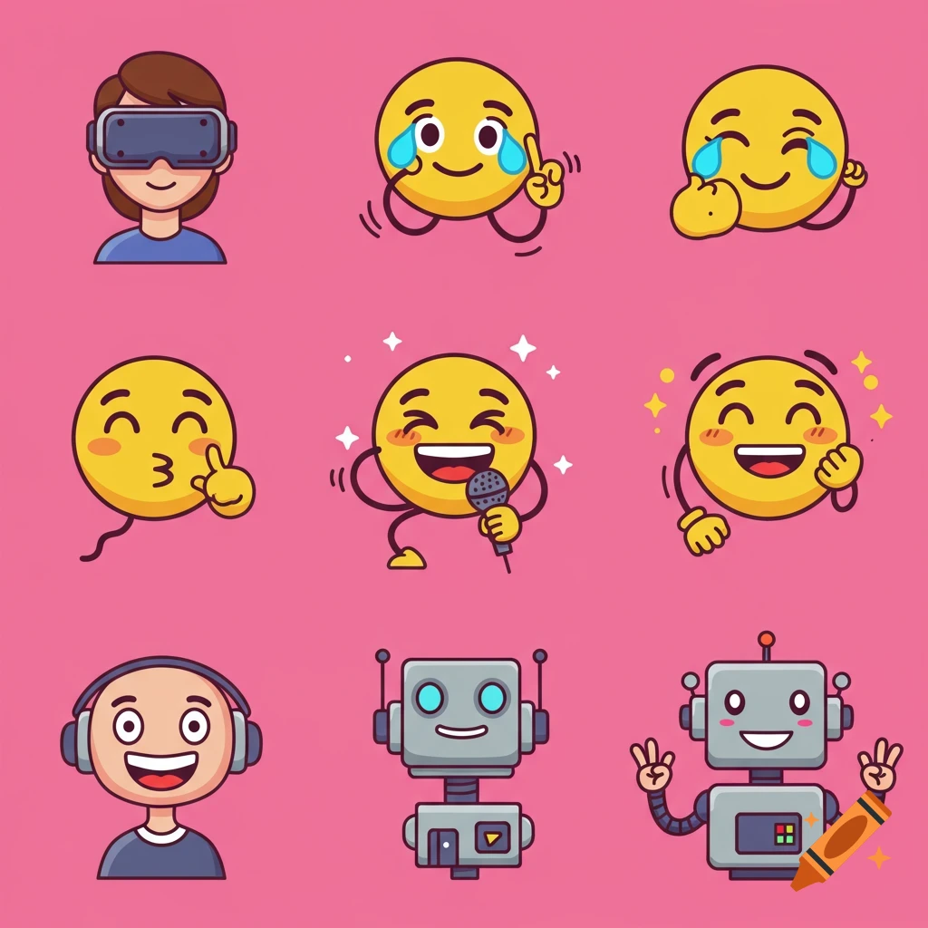 A collection of cartoon characters and emojis on a pink background, including a person with VR goggles, crying emojis, singing emoji, kissing emoji, person with headphones, and robots.