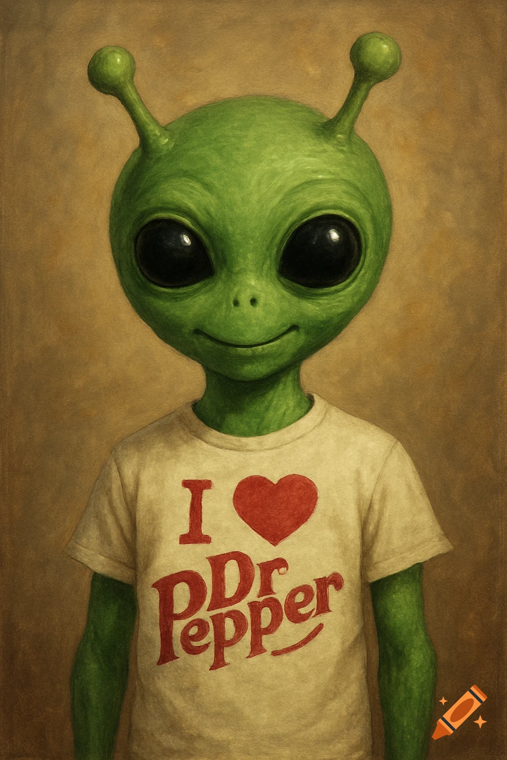 Illustration of a green alien wearing an I heart Dr Pepper t-shirt.