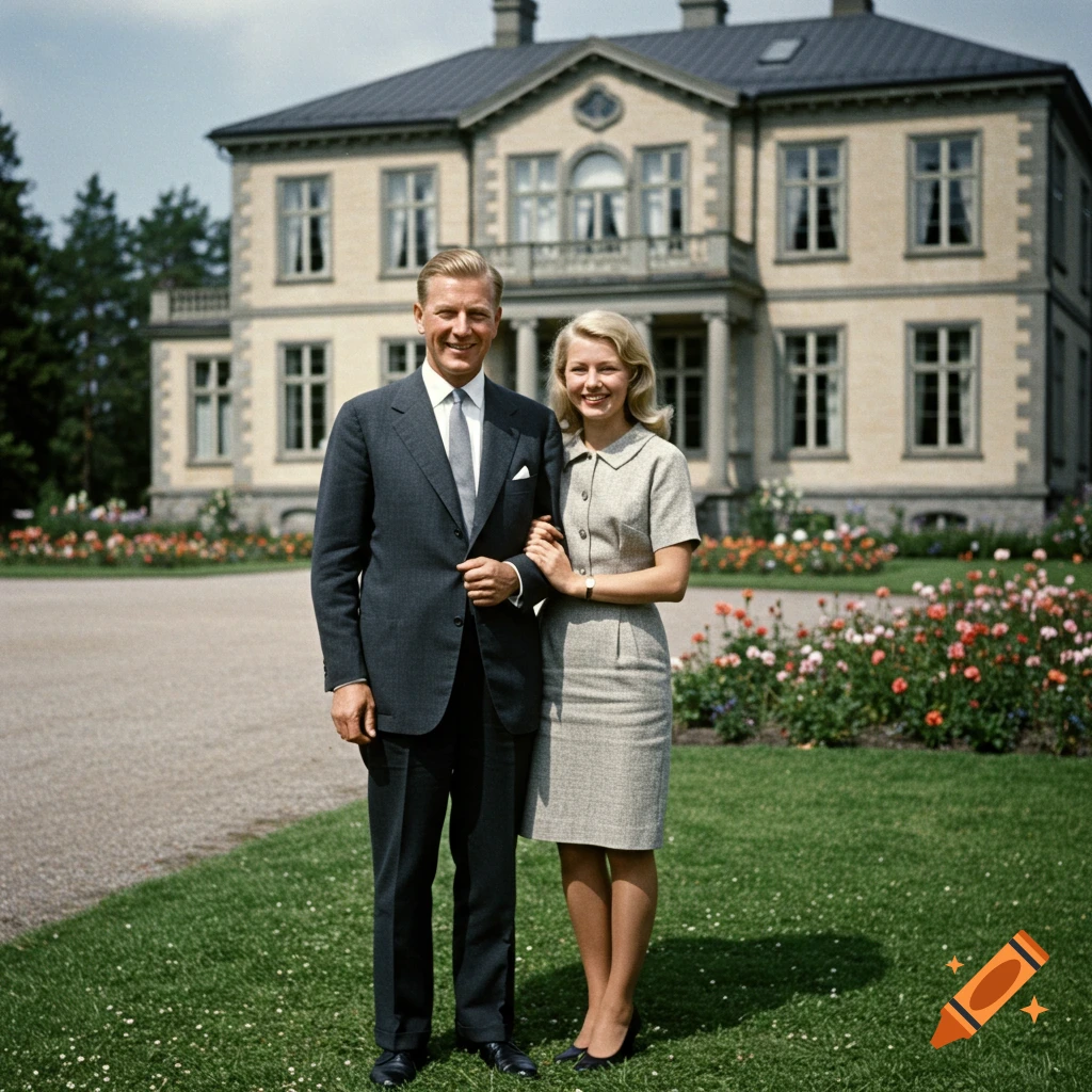 A couple stands arm-in-arm in front of a mansion, vintage photo style.