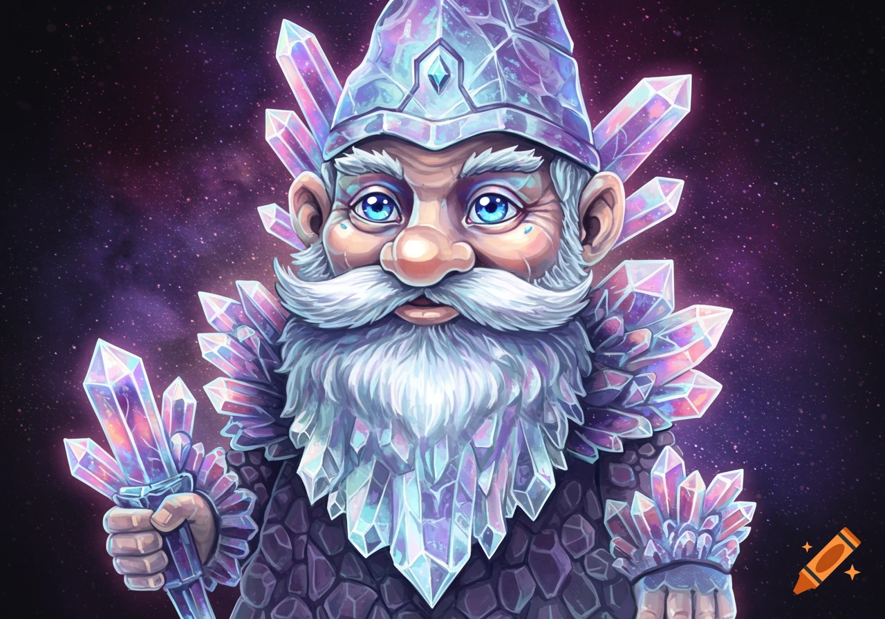 A fantasy gnome character covered in crystals against a starry background.