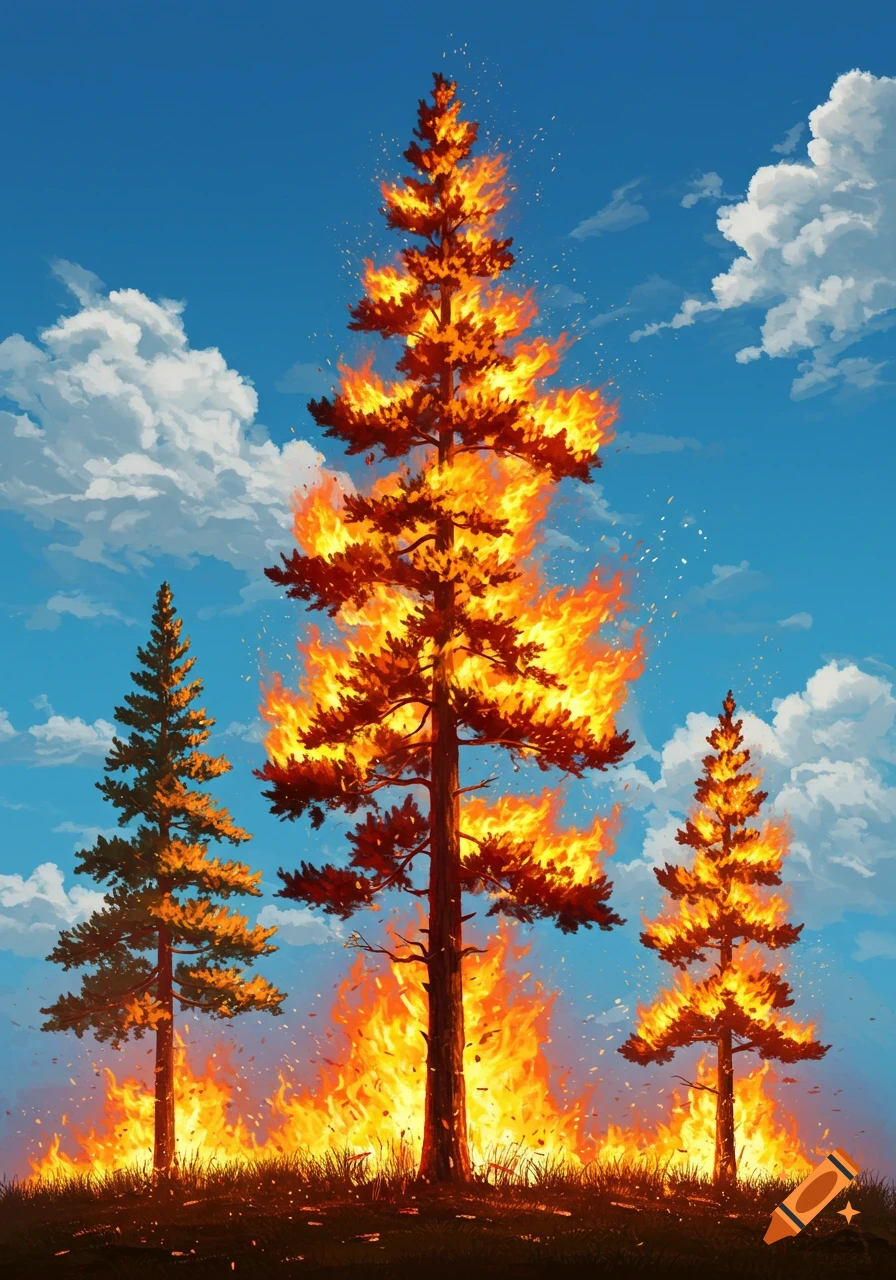 Three burning pine trees against a cloudy blue sky