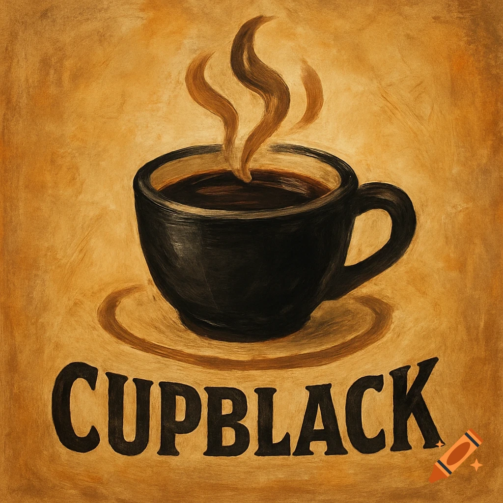 Textured painting of a steaming cup of coffee and the word CUPBLACK.