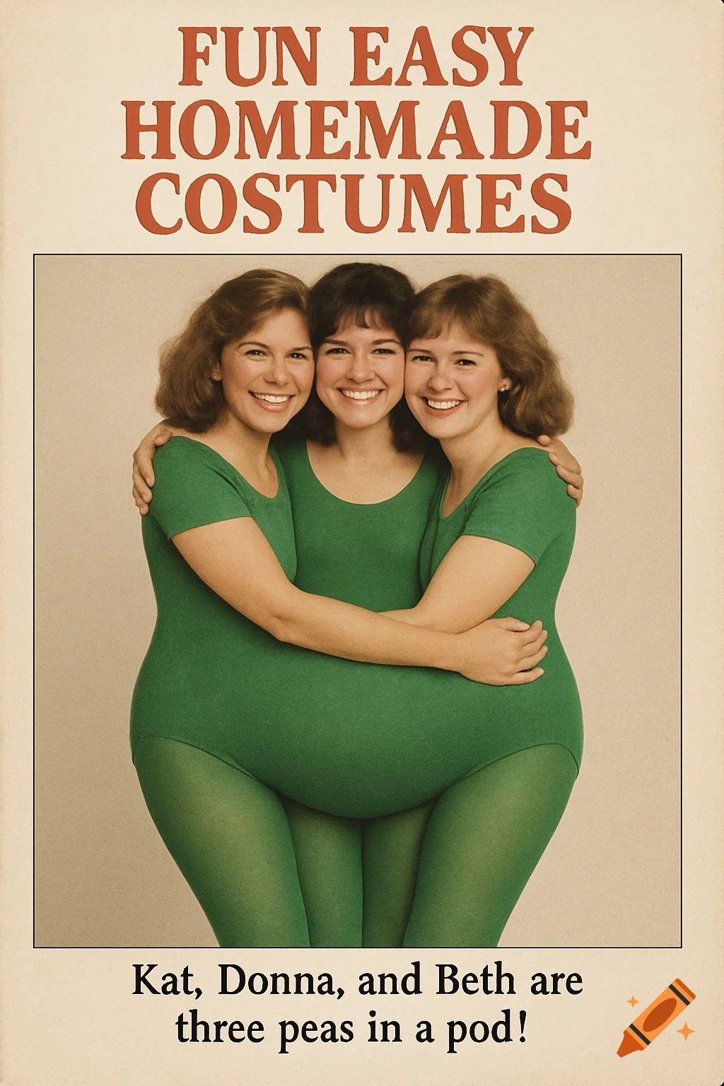 Three women in a merged green costume hug, with magazine text reading "Fun Easy Homemade Costumes" and "three peas in a pod!".