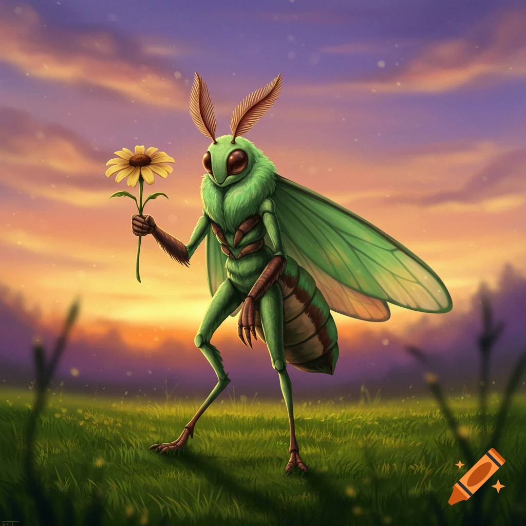 Anthropomorphic moth holding a flower in a field at sunset