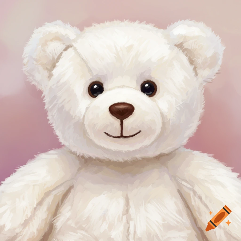 A close-up painting of a white teddy bear.