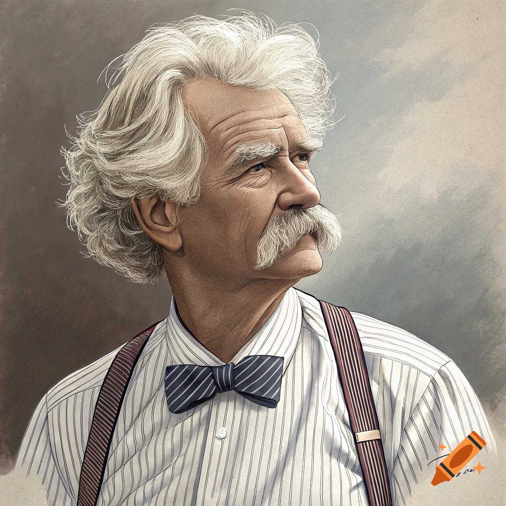 Illustrated portrait of Mark Twain wearing a shirt, suspenders, and bow tie.