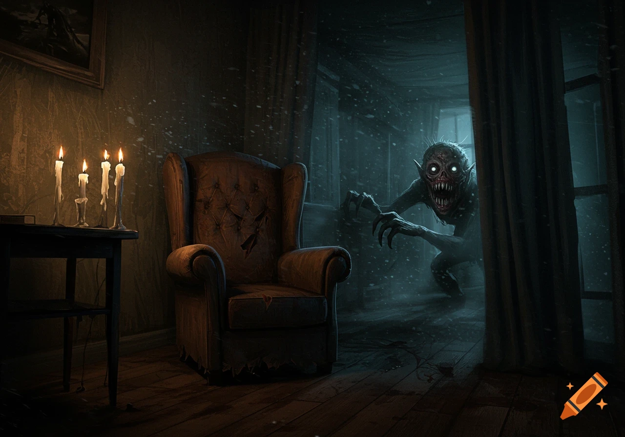 A creepy monster with glowing eyes peeks around a curtain in a dark, candlelit room.