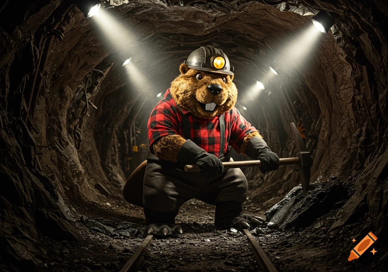An anthropomorphic beaver in a mining helmet and plaid shirt holds a pickaxe in a mine tunnel. Photorealistic.