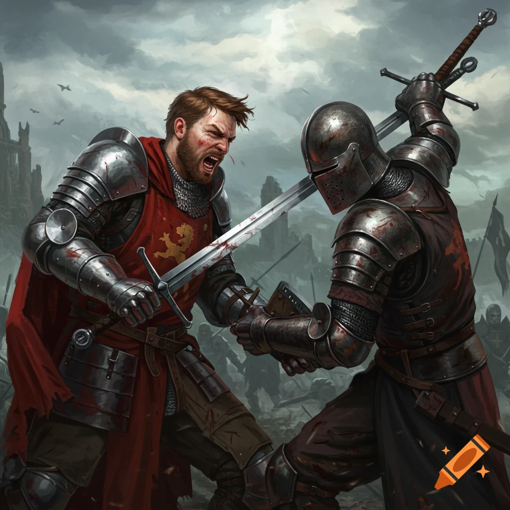 Two knights in armor battle fiercely with swords on a blood-splattered battlefield.
