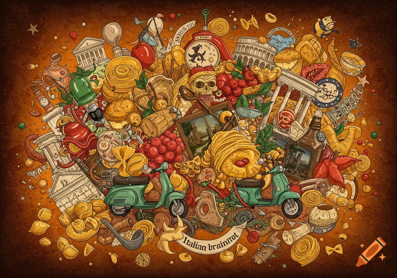 Dense illustration of Italian food, landmarks, Vespas, and cultural items with the text 'Italian brainrot'.