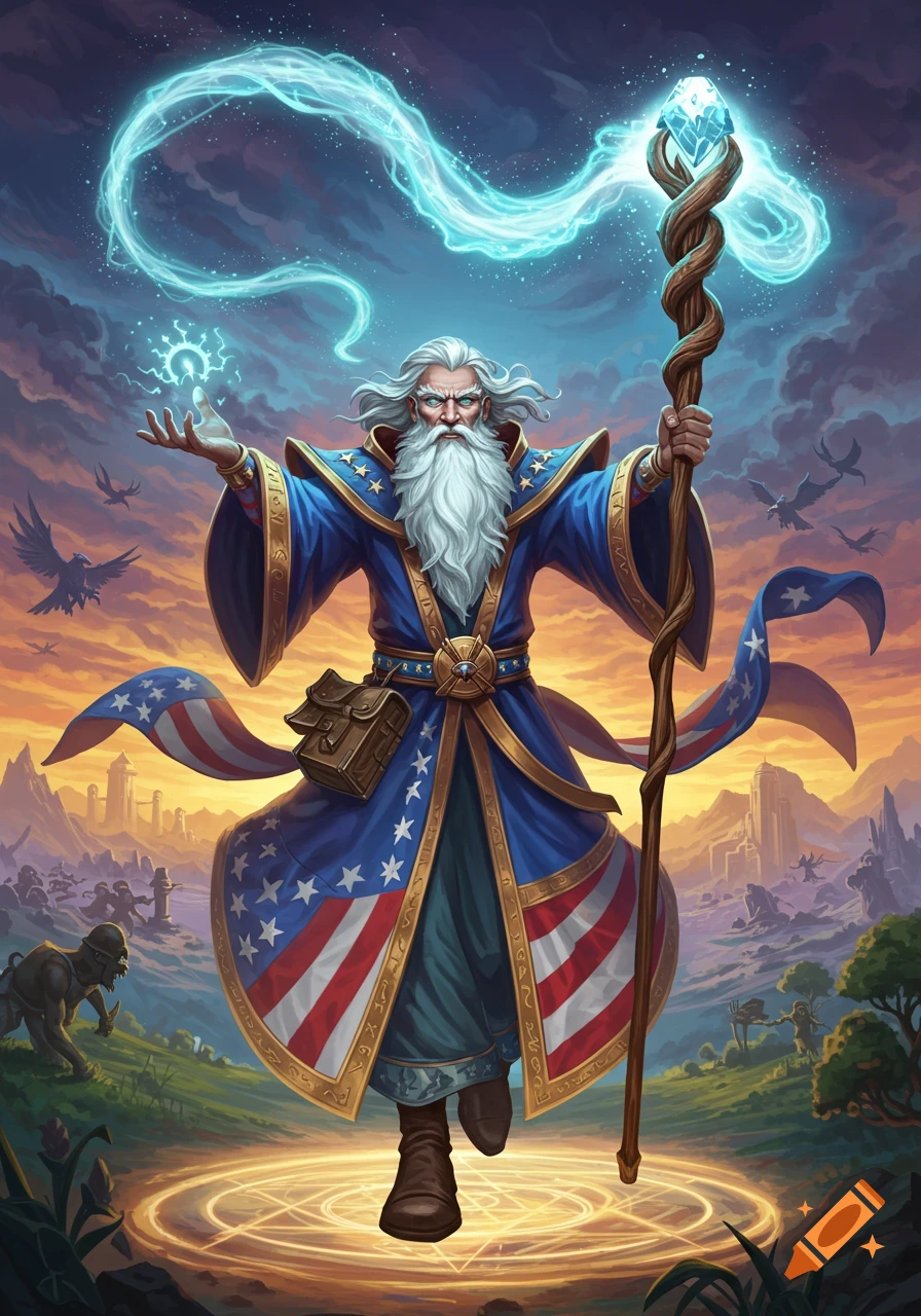 Fantasy illustration of a wizard in a blue robe patterned with the American flag, casting a spell and holding a staff.