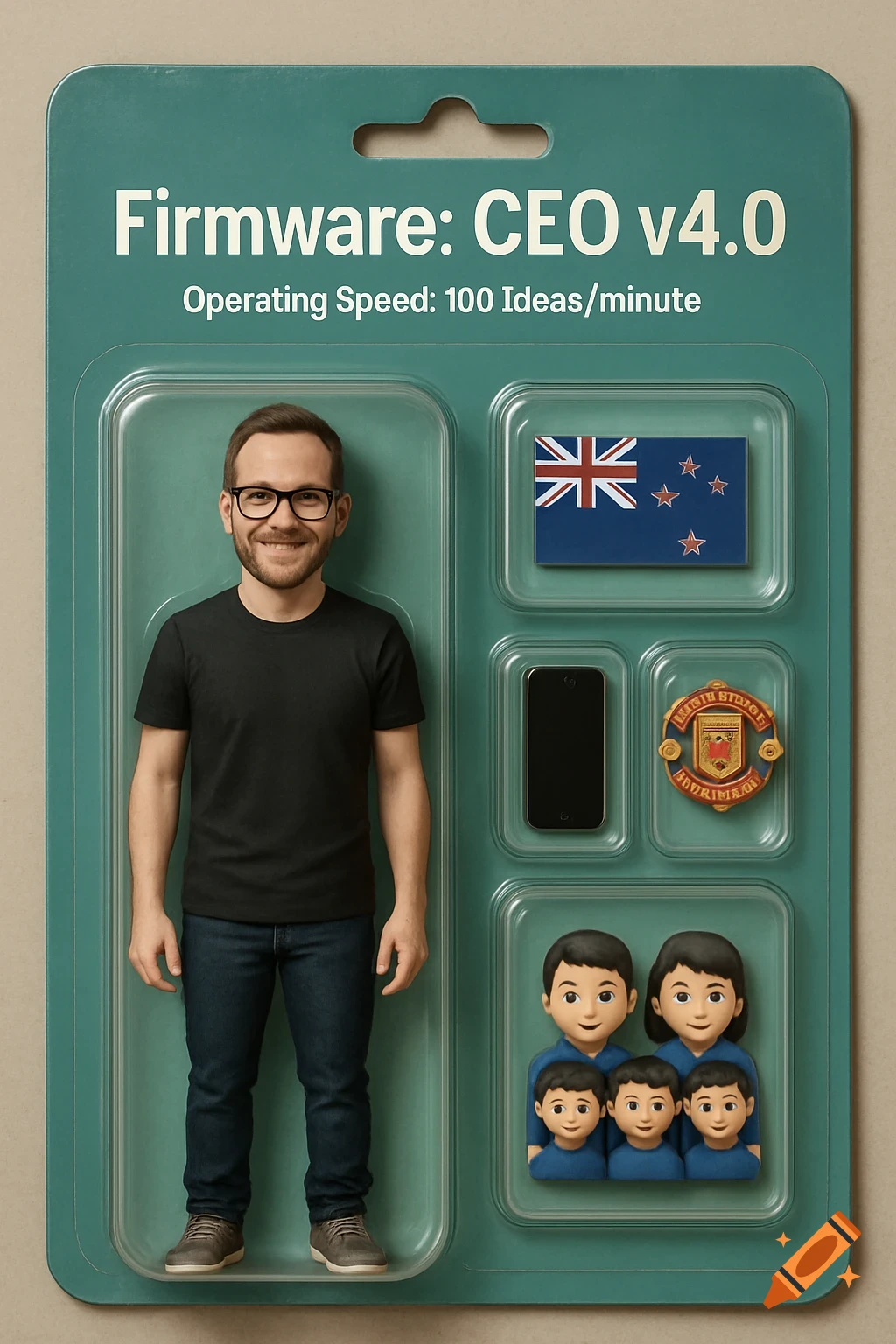 Photorealistic image of a man as an action figure in blister packaging, with toy accessories including a New Zealand flag, phone, Manchester United badge, and family figures.