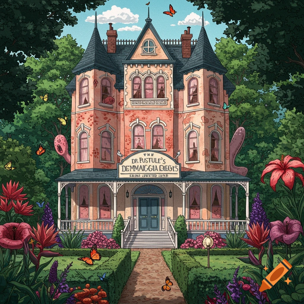 A stylized illustration of a strange mansion with tentacles and creatures, surrounded by a lush garden.