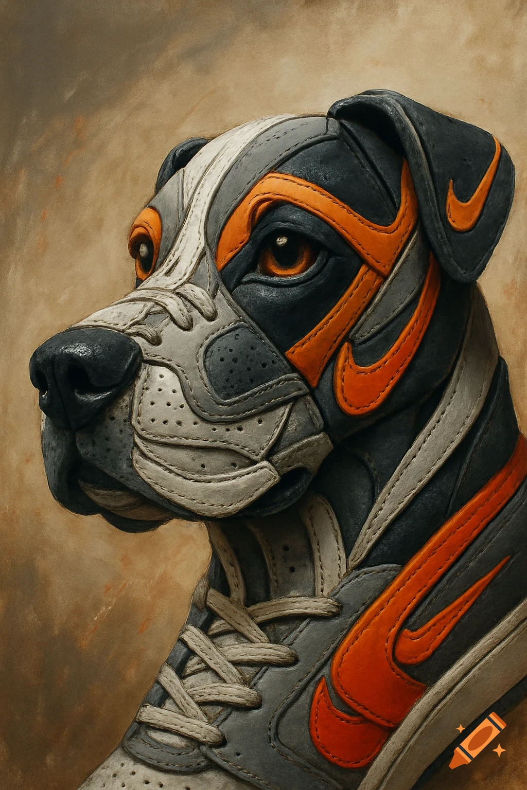 Close-up of a dog's head constructed from gray, white, and orange Nike trainers, showing stitching and logos.