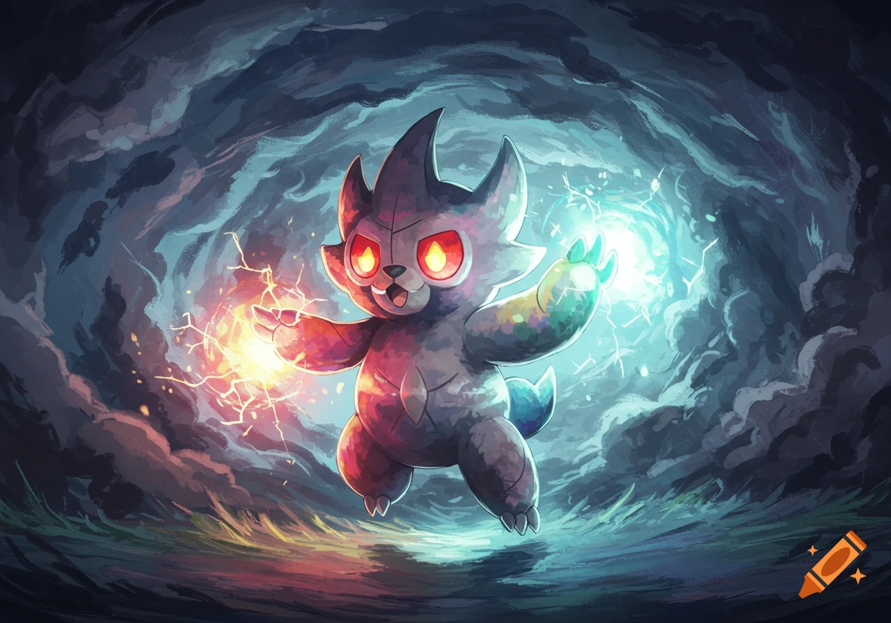 Cute fantasy creature casts electricity and energy in a stormy cave