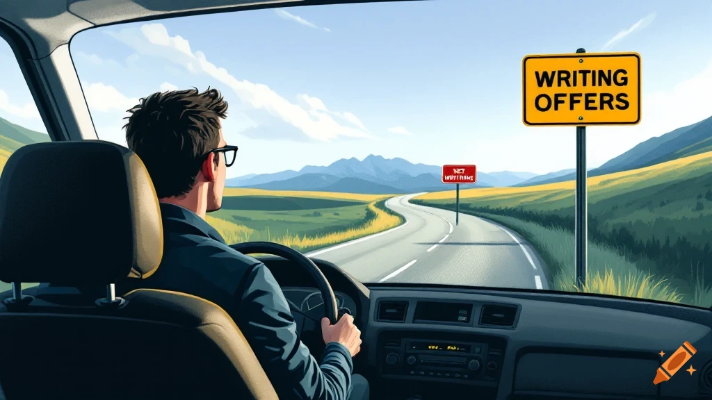 Illustration of a man driving towards a sign that reads 'Writing Offers' on a rural road.