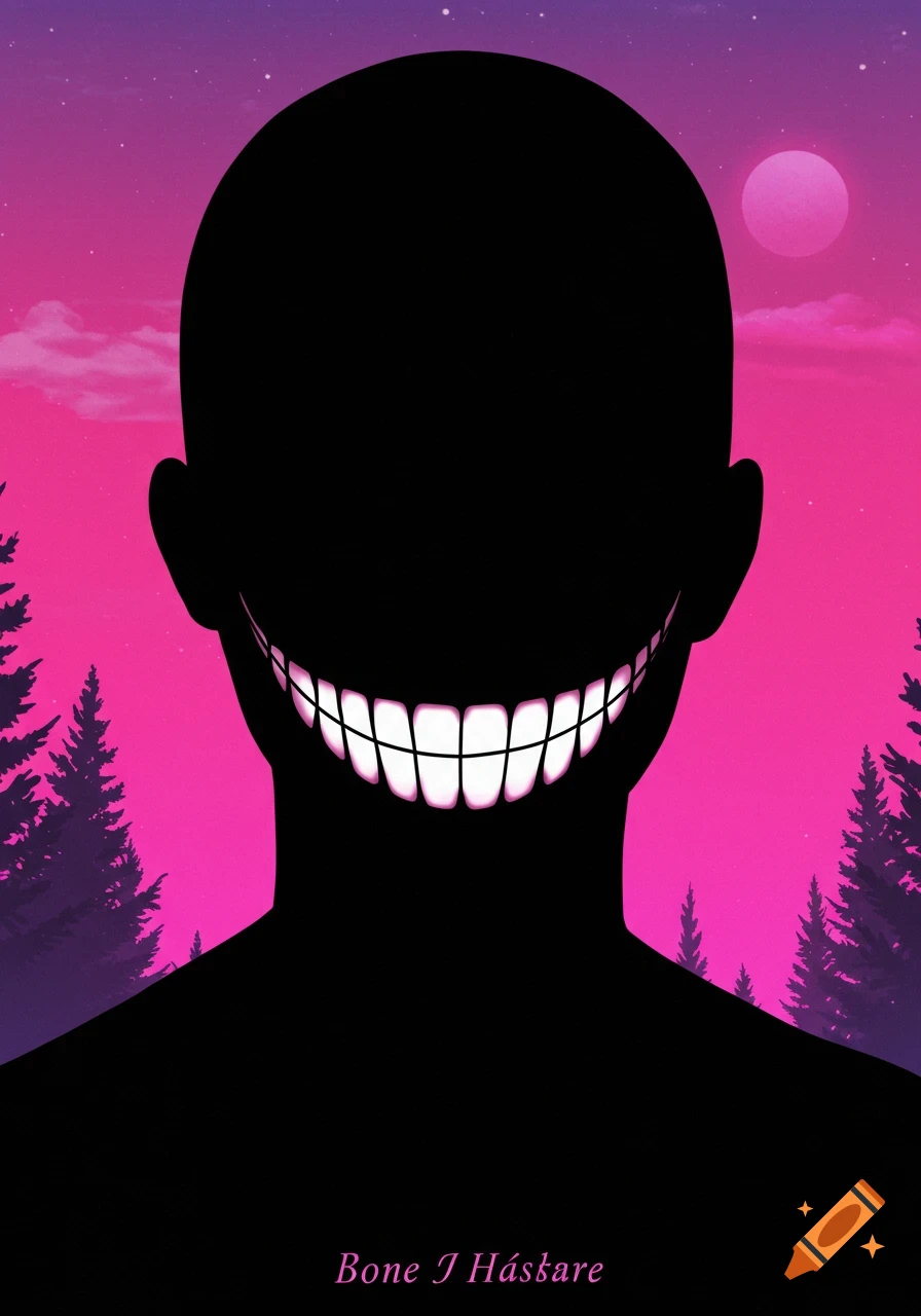 Anime style silhouette of a person with a sharp-toothed grin against a pink and purple sunset sky.