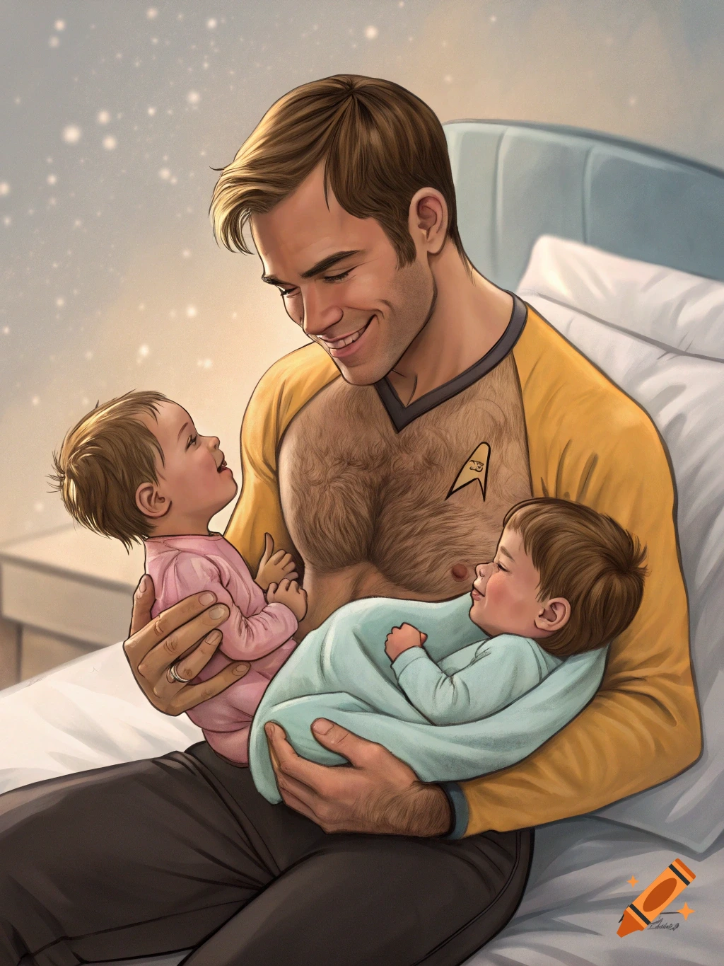 Stylized illustration of Chris Pine as Captain Kirk holding two babies.