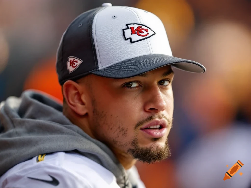 Close-up portrait of a man wearing a grey and white Kansas City Chiefs baseball cap and a grey hoodie.