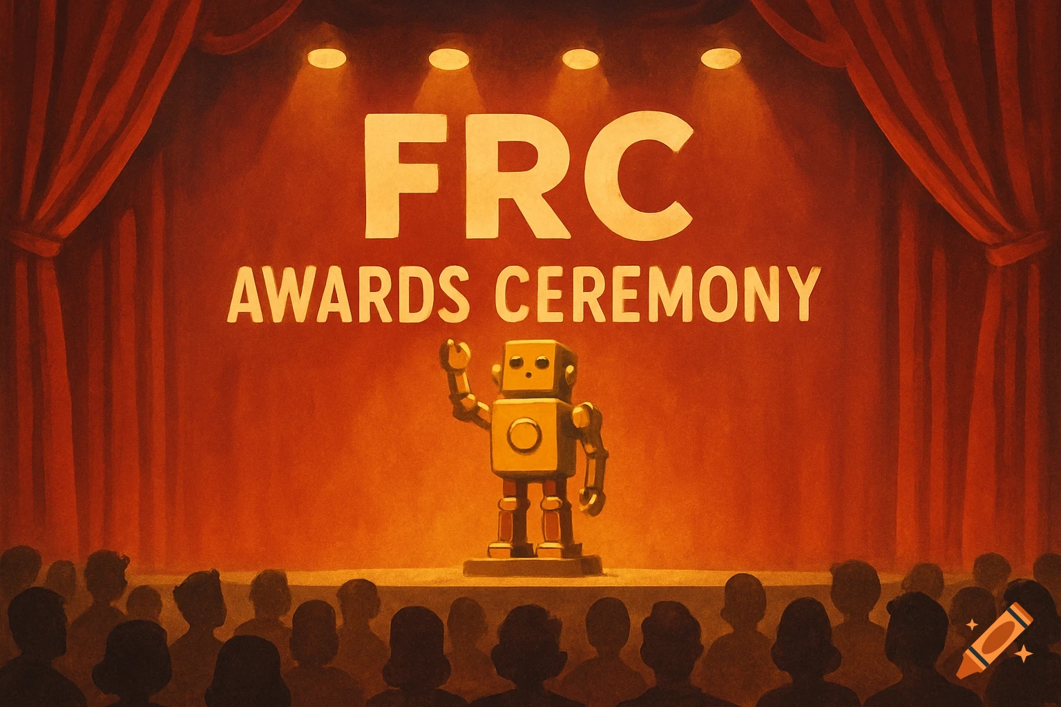 A robot stands on a stage with text 'FRC Awards Ceremony' behind it, addressing an audience. Red curtains frame the stage.