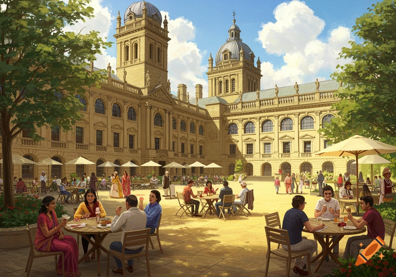 People eating outside a large stone building resembling a museum. Digital illustration.