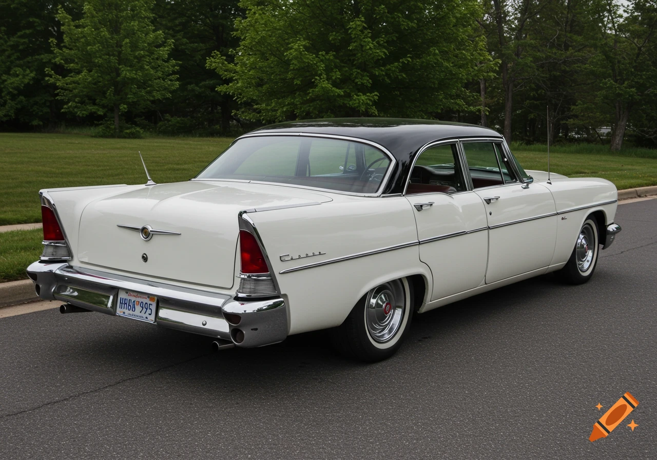 A white vintage car with a black roof sits on asphalt
