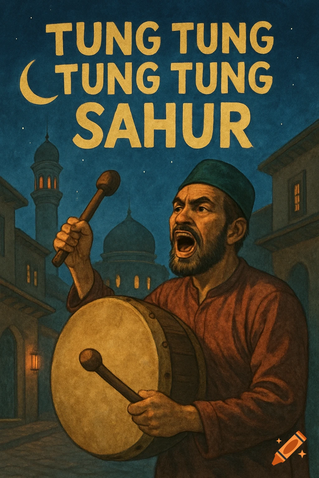 A man drums and shouts in a street at night with mosques in the background. Text reads TUNG TUNG TUNG TUNG SAHUR.