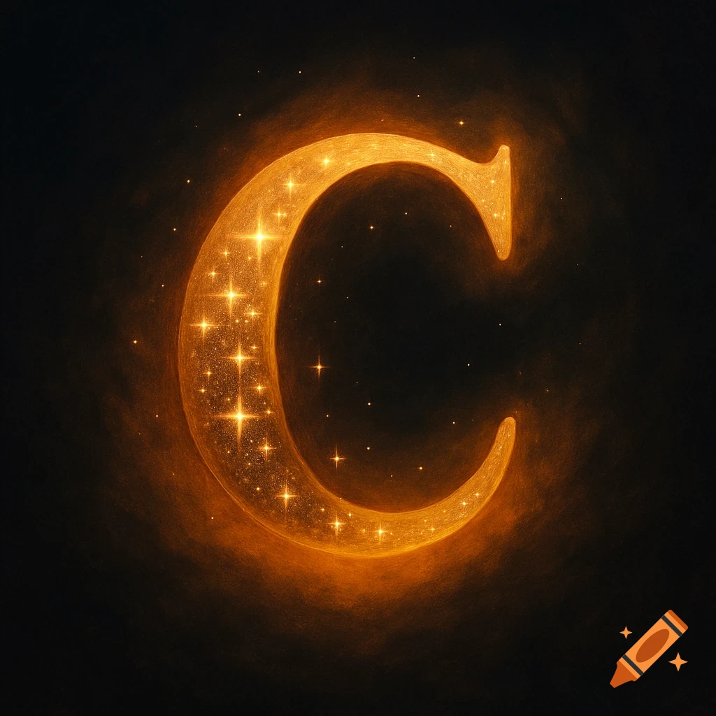 Glowing letter C covered in sparkles with an orange aura on a dark background.