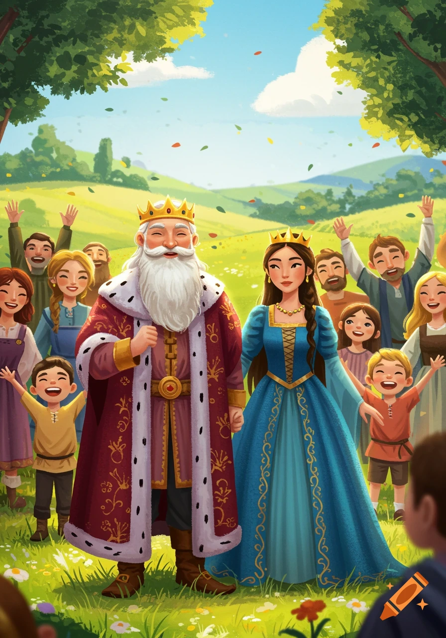 An illustration of a king and queen celebrating with a crowd in a field under trees.