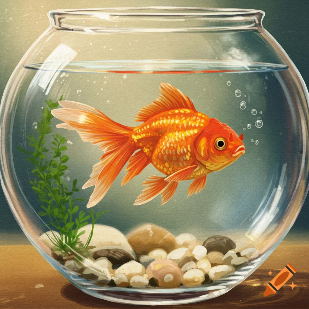A vibrant orange goldfish swims in a glass bowl with pebbles and green plants, depicted in a painterly style.