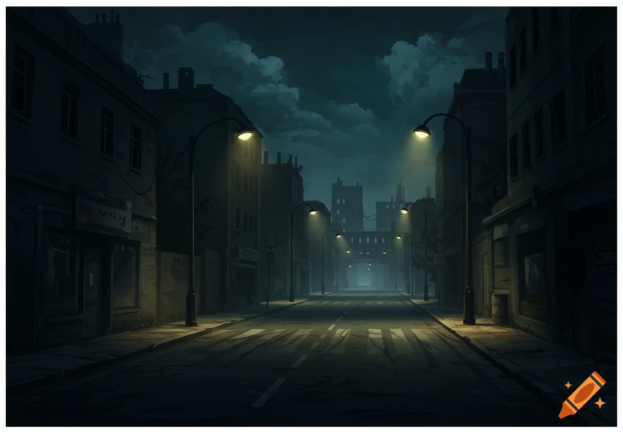 An illustration of a dark, empty street at night lit by streetlights between buildings.