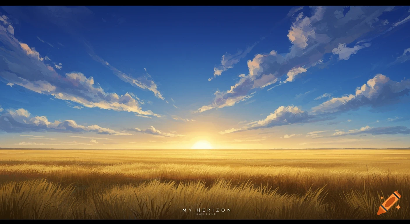 A painterly landscape illustration shows a golden field under a bright sunset sky with scattered clouds.