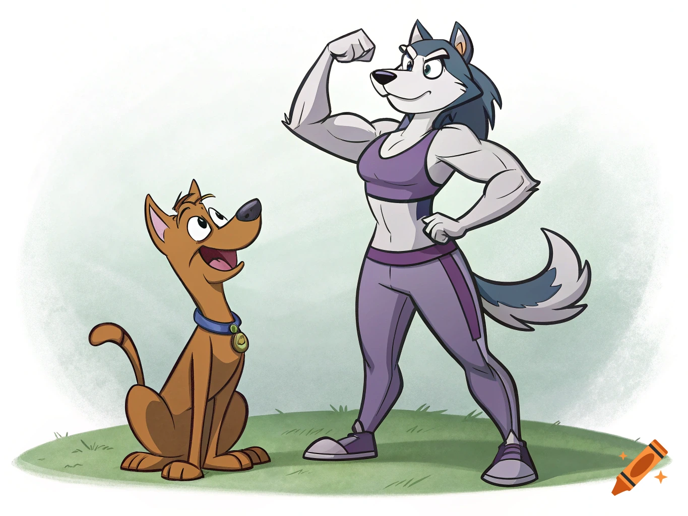 A muscular cartoon husky in workout gear flexes for a surprised cartoon dog.