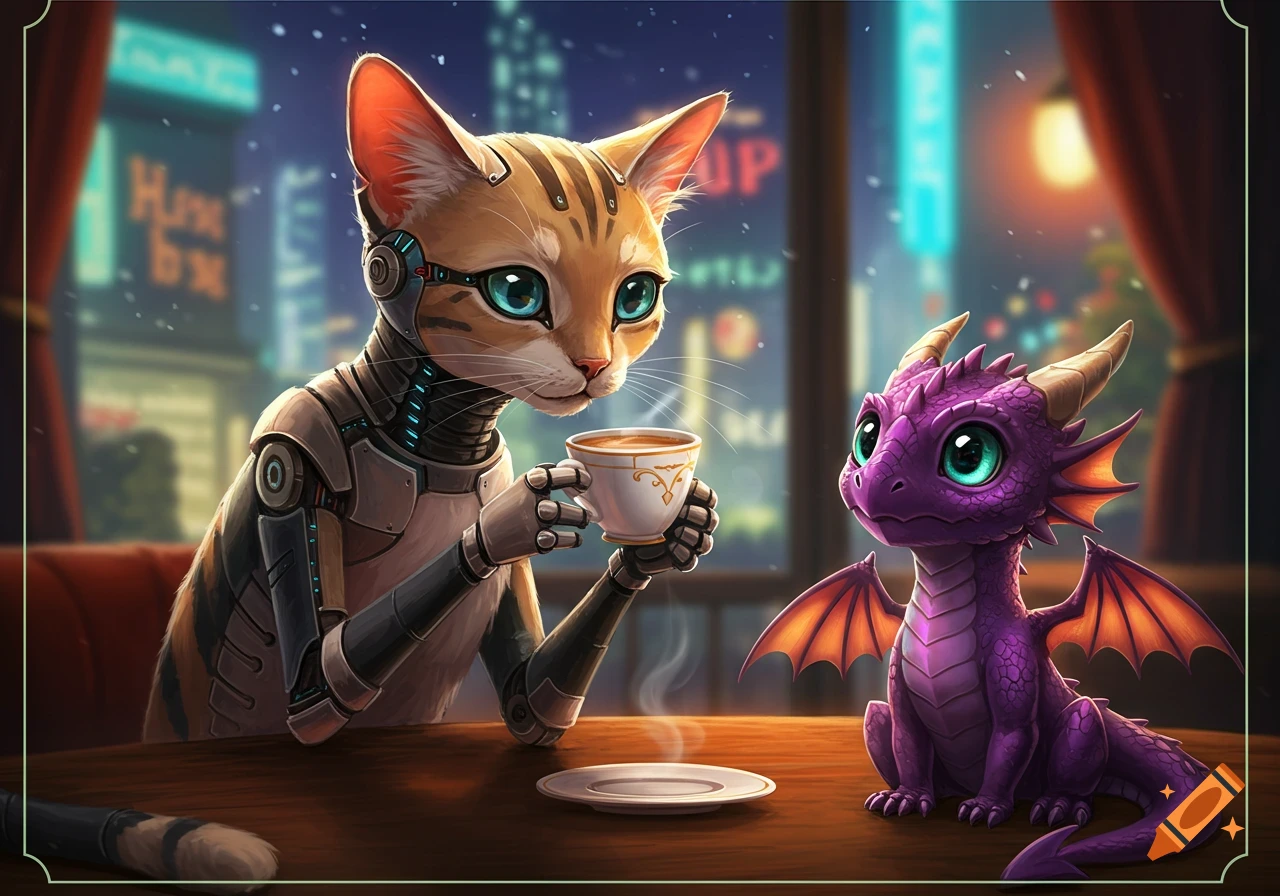 A bionic cat and a baby dragon sit at a table, drinking coffee in a ...
